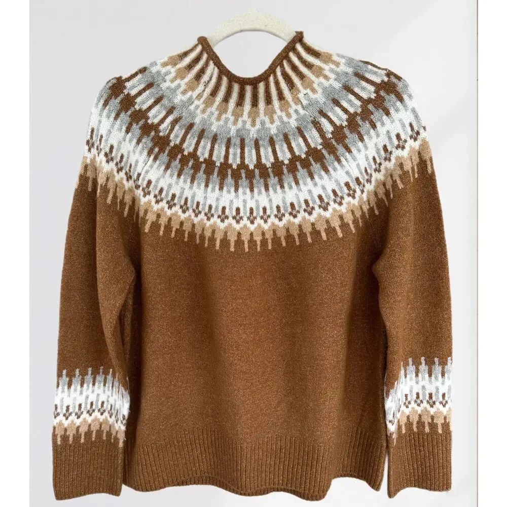 🌴 CeCe Fair Isle Chestnut Brown Funnel Neck Sweater, Size Small - Picture 1 of 6
